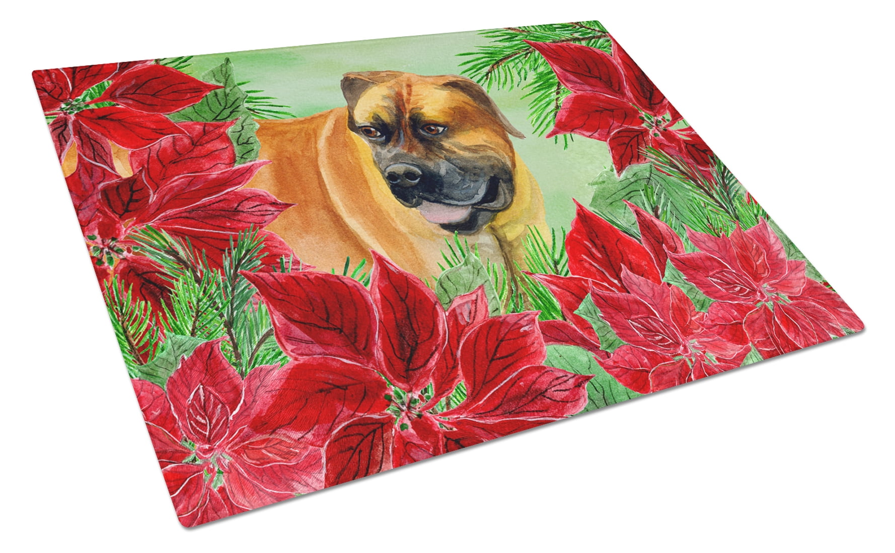 Boerboel Mastiff Poinsettas Glass Cutting Board, Large