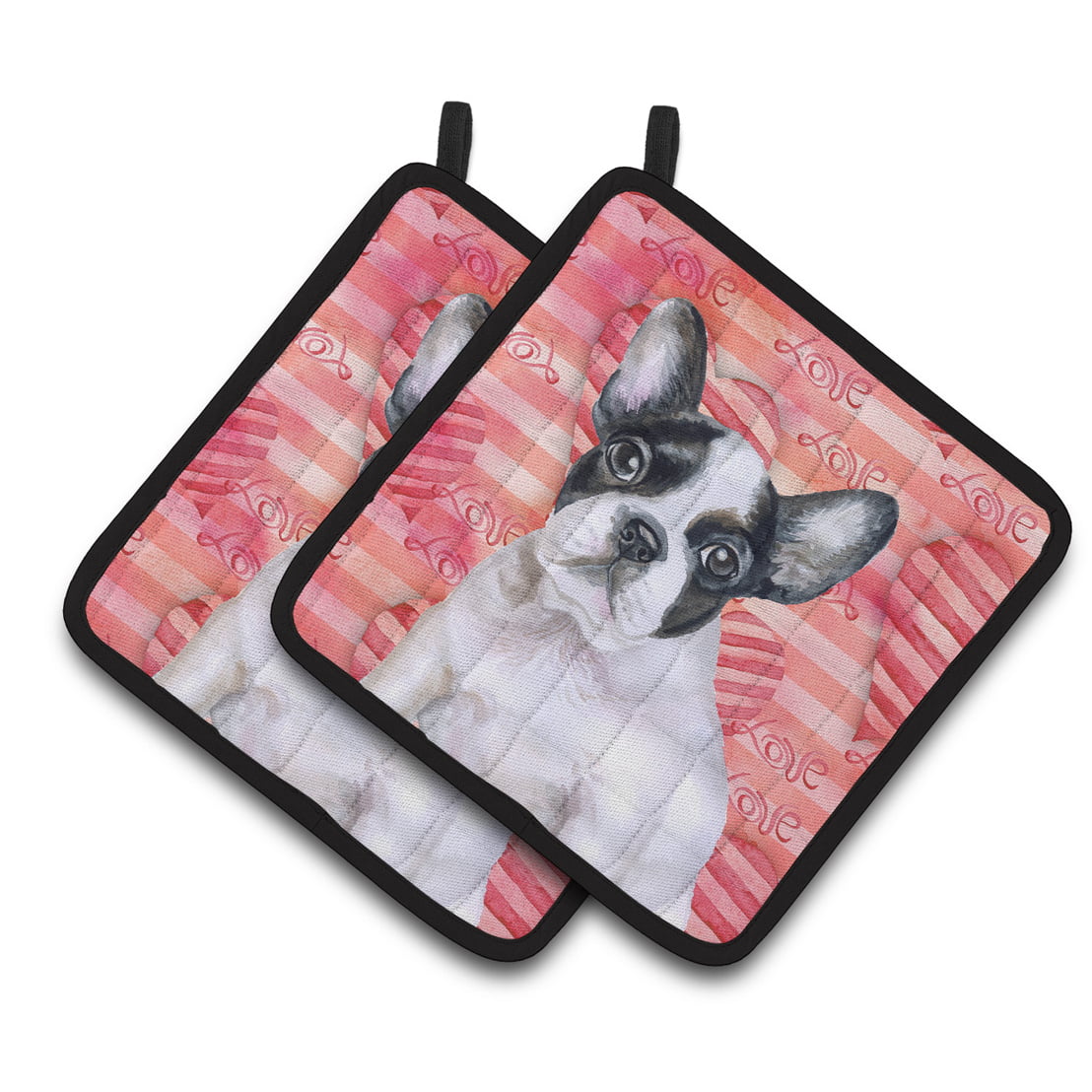 French Bulldog Black White Love Pair of Pot Holders