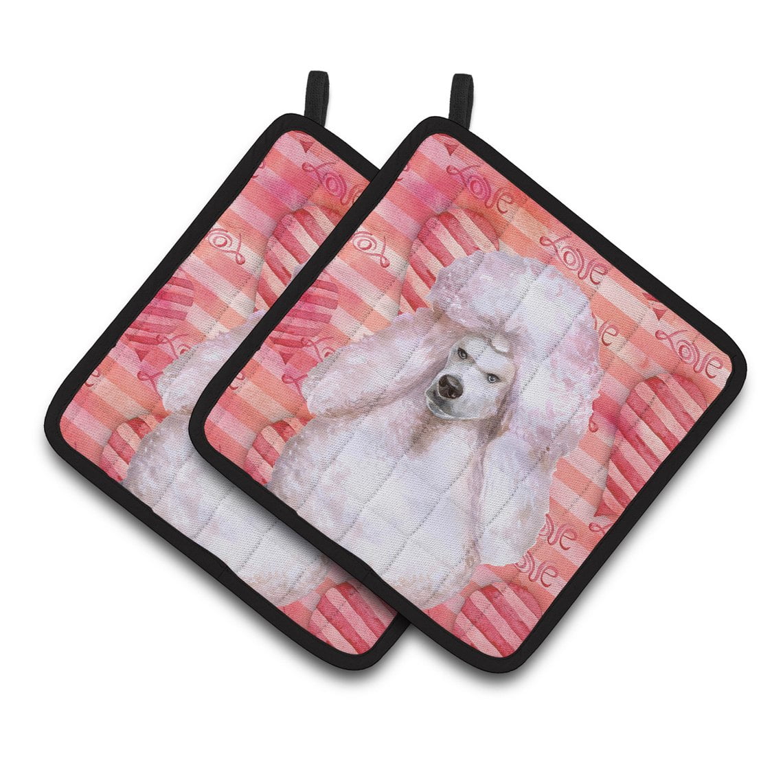 White Standard Poodle Love Pair of Pot Holders - White