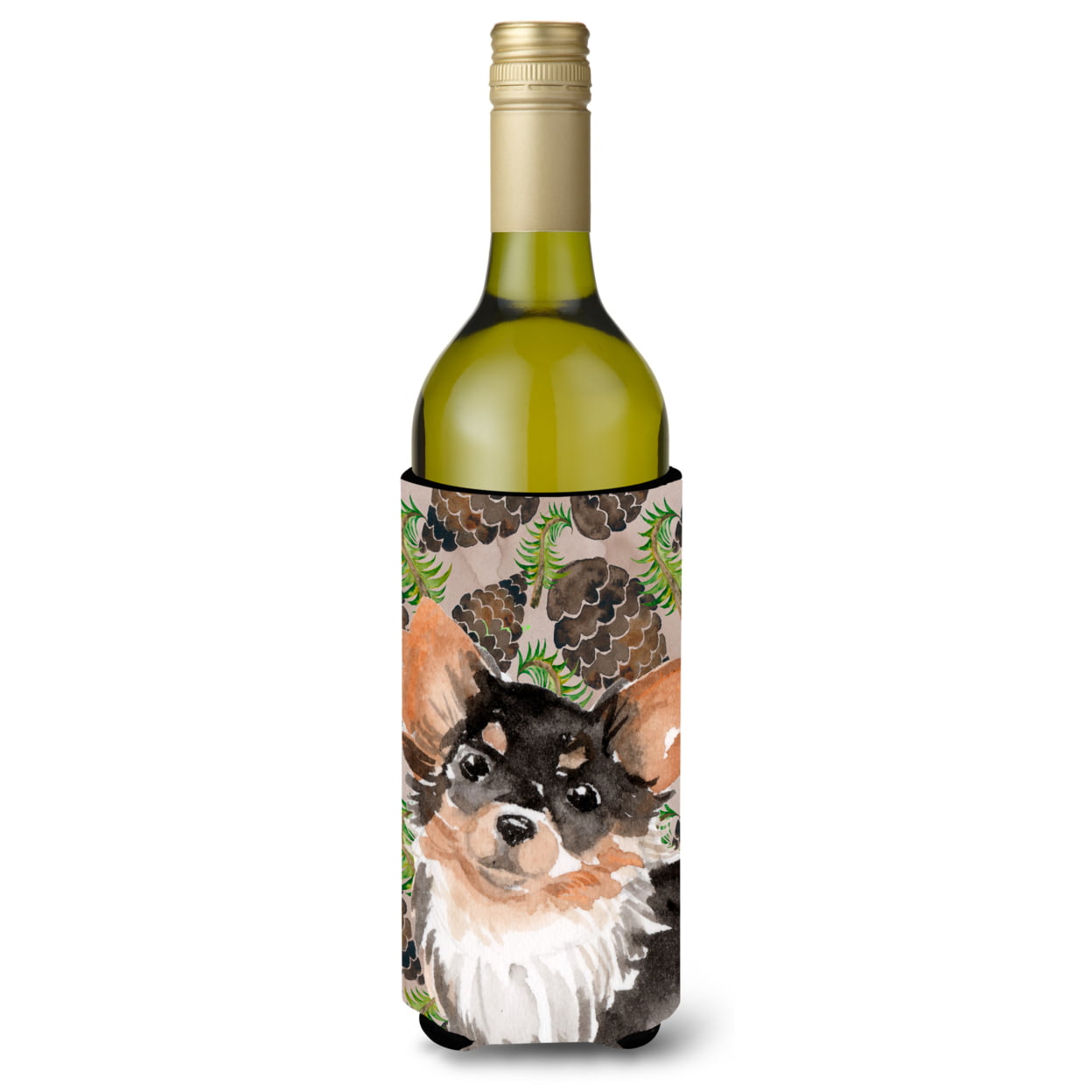 Long Haired Chihuahua Pine Cones Wine Bottle Beverge Insulator Hugger