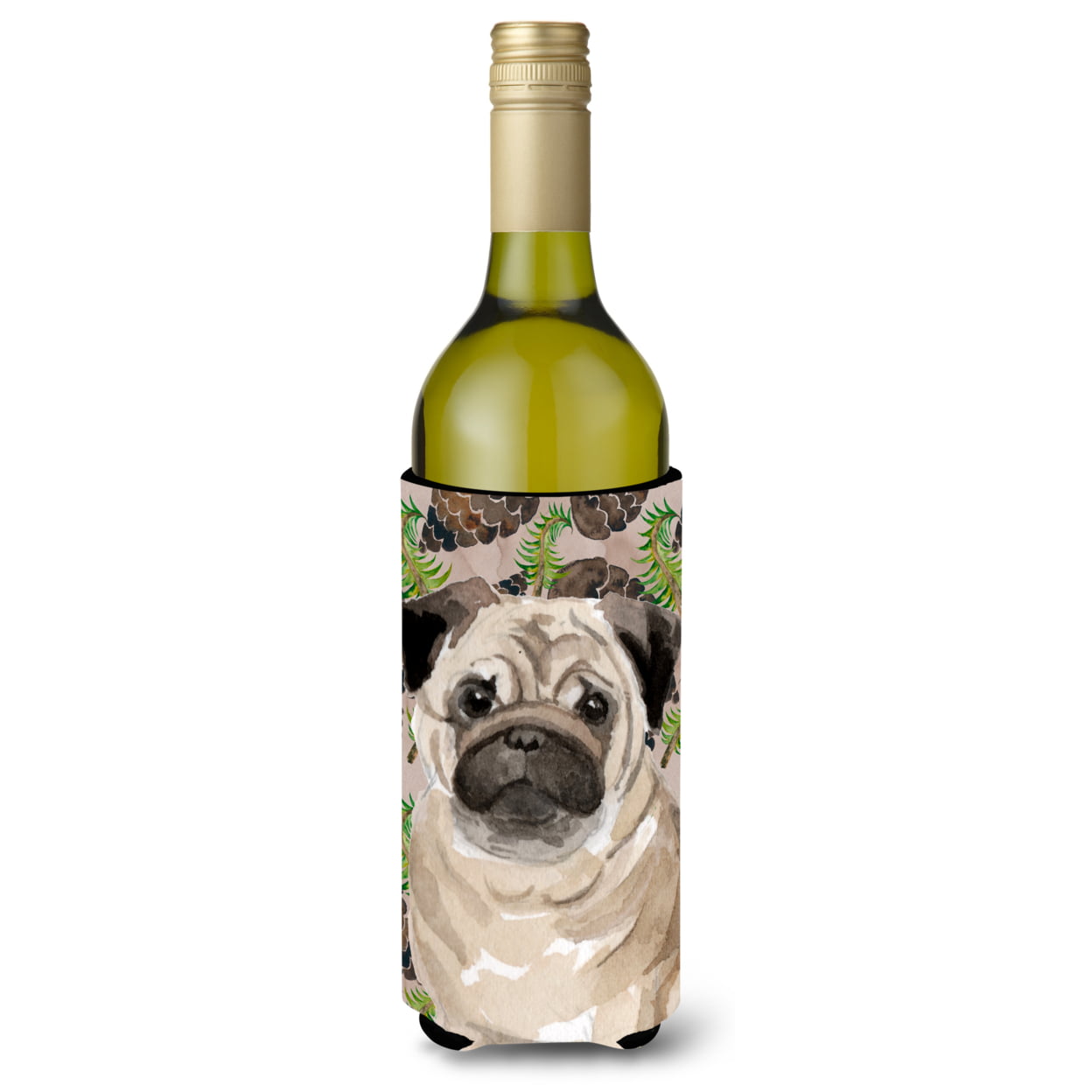 Fawn Pug Pine Cones Wine Bottle Beverge Insulator Hugger
