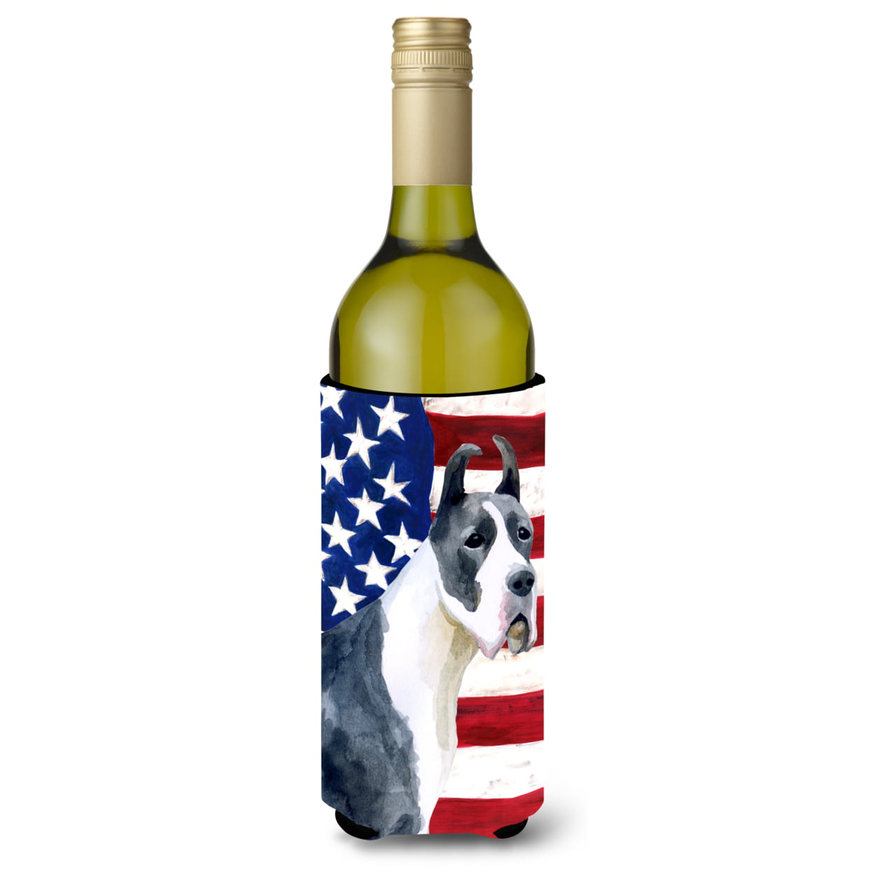 Harlequin Great Dane Patriotic Wine Bottle Beverge Insulator Hugger