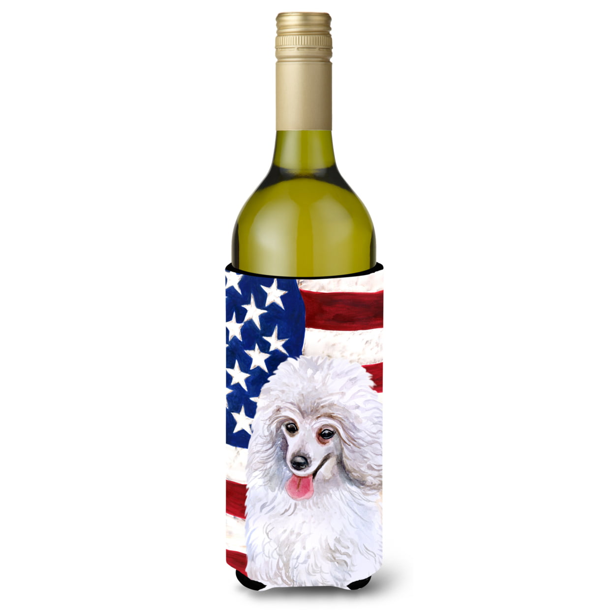Medium White Poodle Patriotic Wine Bottle Beverge Insulator Hugger