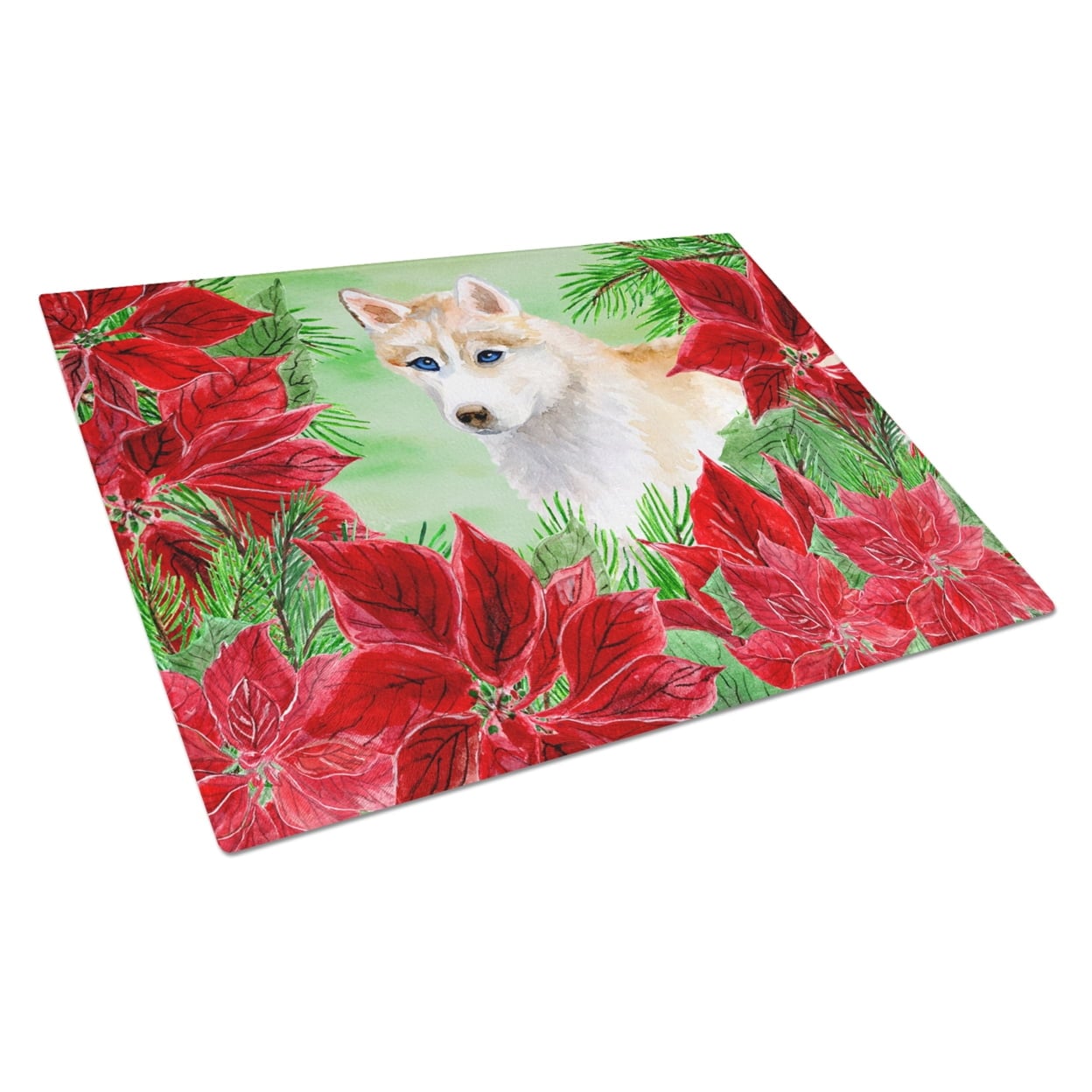 Siberian Husky Poinsettas Glass Cutting Board, Large