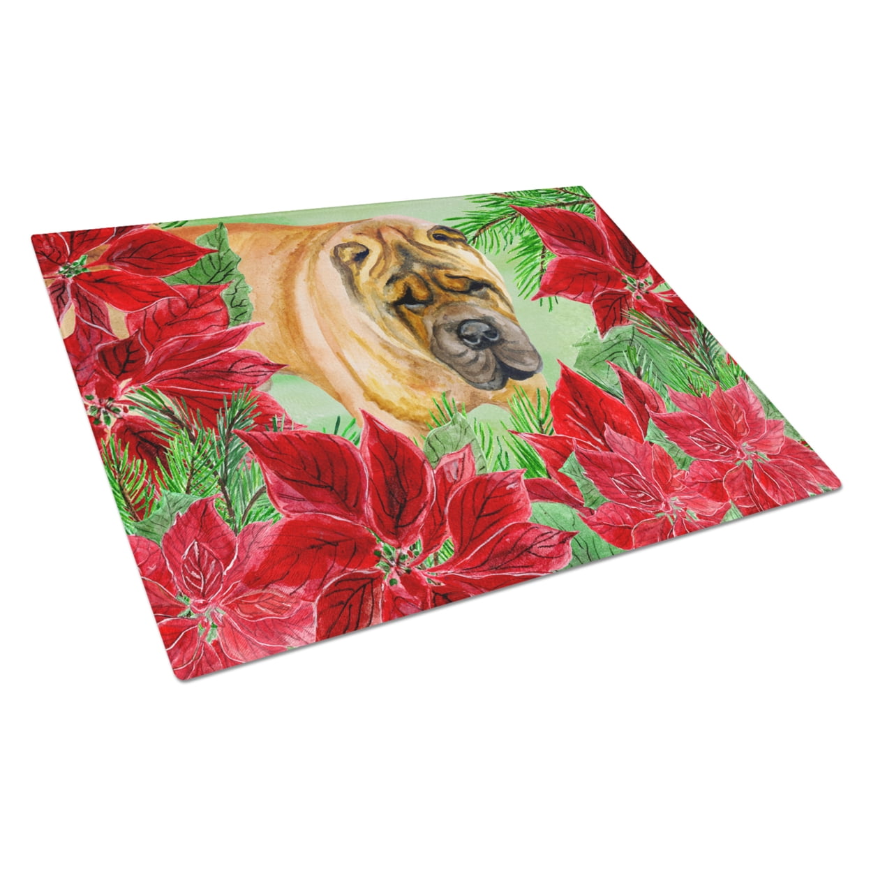 Shar Pei Poinsettas Glass Cutting Board, Large