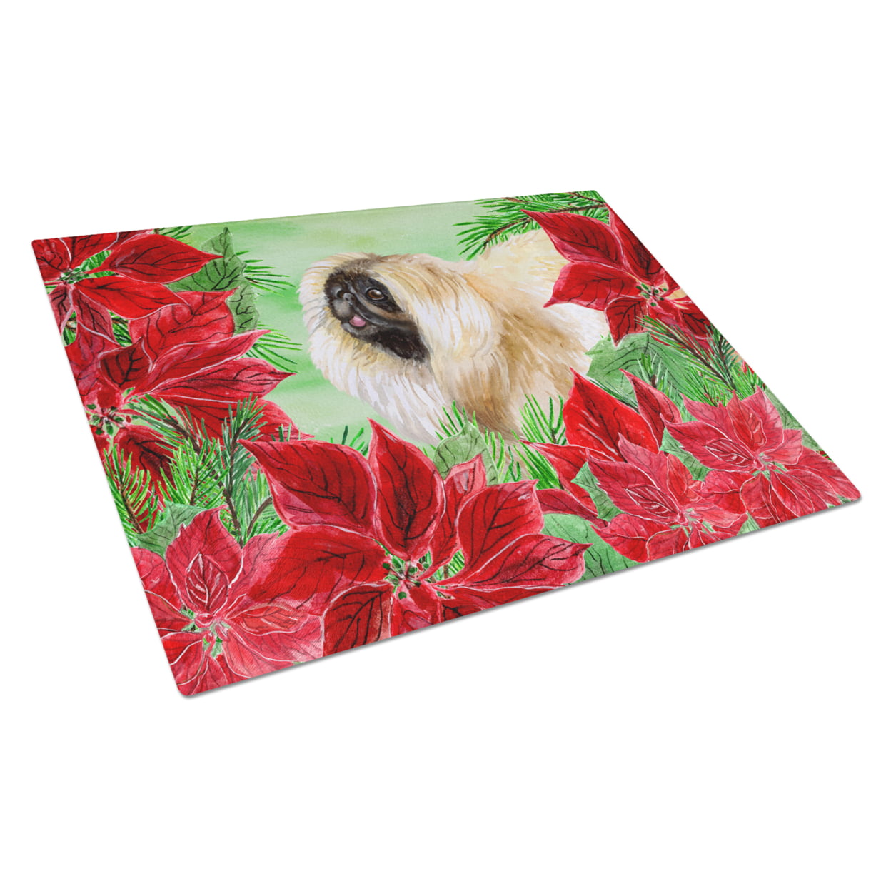Pekingese Poinsettas Glass Cutting Board, Large