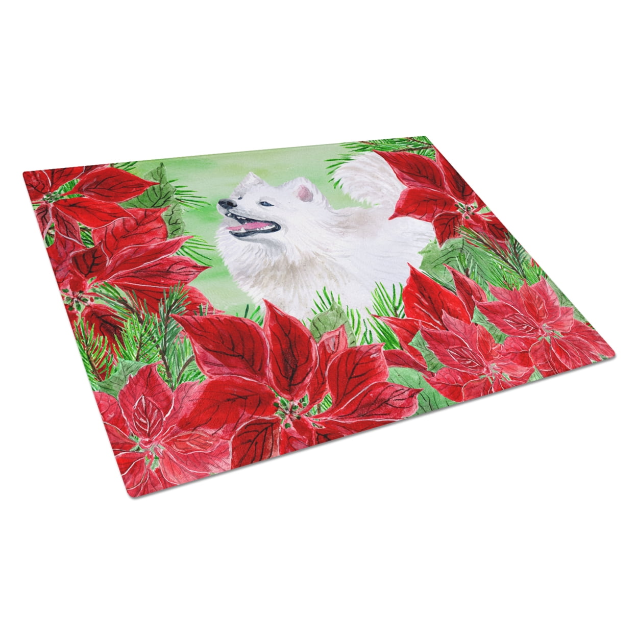 Samoyed Poinsettas Glass Cutting Board, Large