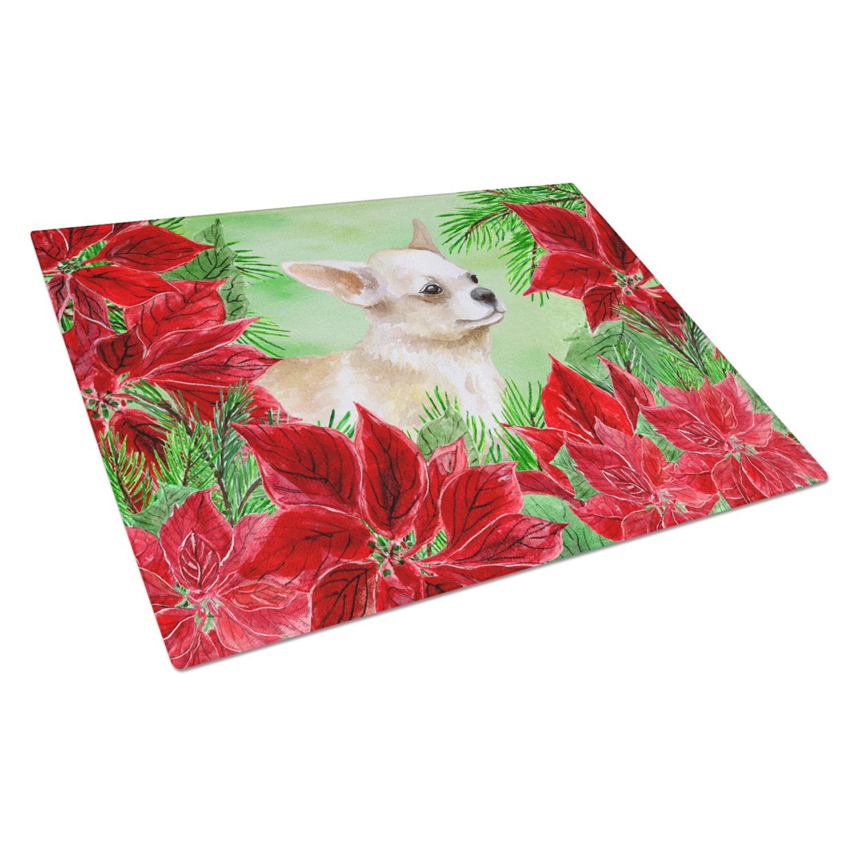 Picture of Carolines Treasures CK1345LCB Chihuahua Leg Up Poinsettas Glass Cutting Board, Large