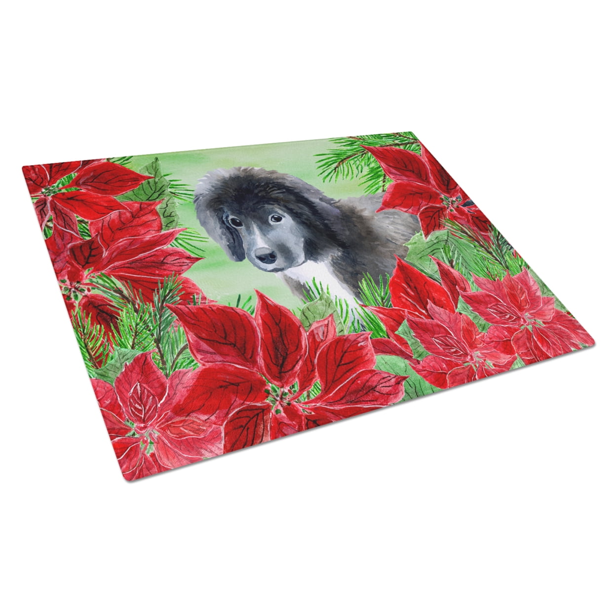 Newfoundland Puppy Poinsettas Glass Cutting Board, Large