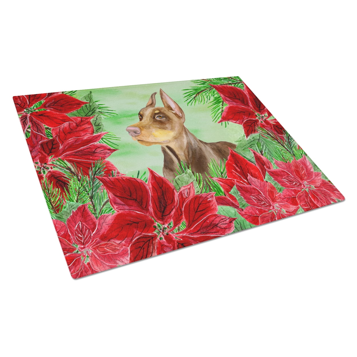Doberman Pinscher Poinsettas Glass Cutting Board, Large