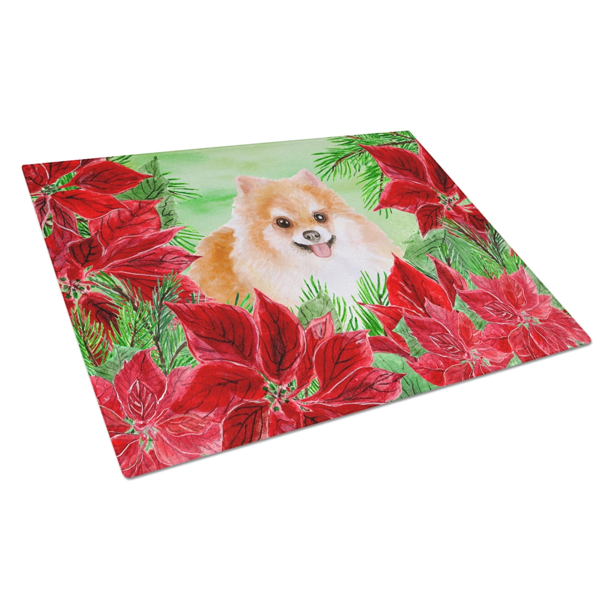 Pomeranian No.2 Poinsettas Glass Cutting Board, Large