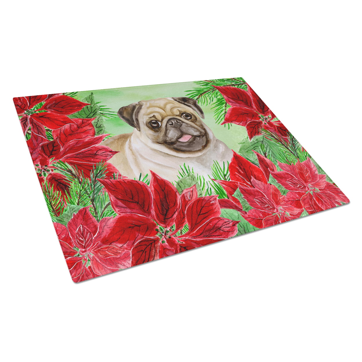 Picture of Carolines Treasures CK1365LCB Fawn Pug Poinsettas Glass Cutting Board, Large
