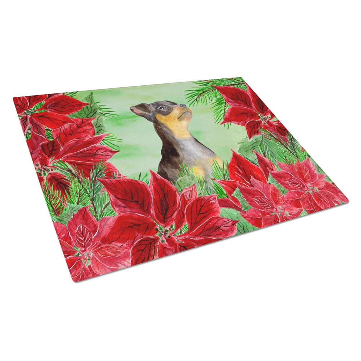 Miniature Pinscher No.2 Poinsettas Glass Cutting Board, Large