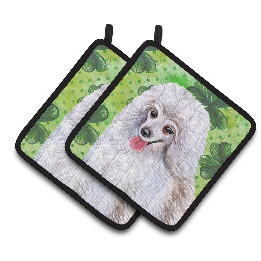 BB9857PTHD Medium White Poodle St.Patricks Pair of Pot Holders
