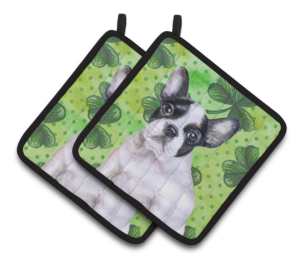 French Bulldog Black White St.Patricks Pair of Pot Holders