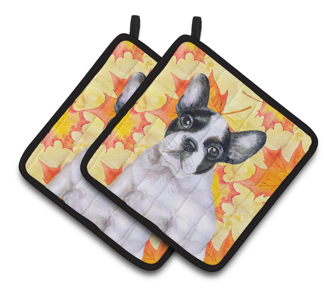 French Bulldog Black White Fall Pair of Pot Holders