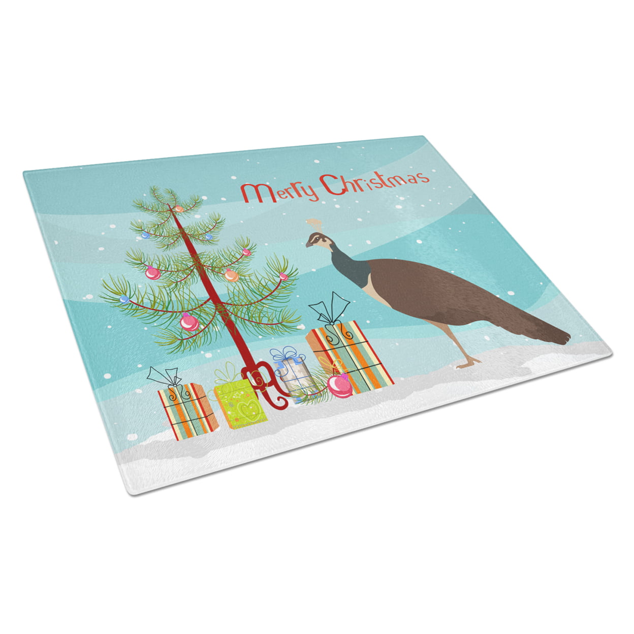 BB9294LCB Indian Peahen Peafowl Christmas Glass Cutting Board - Large