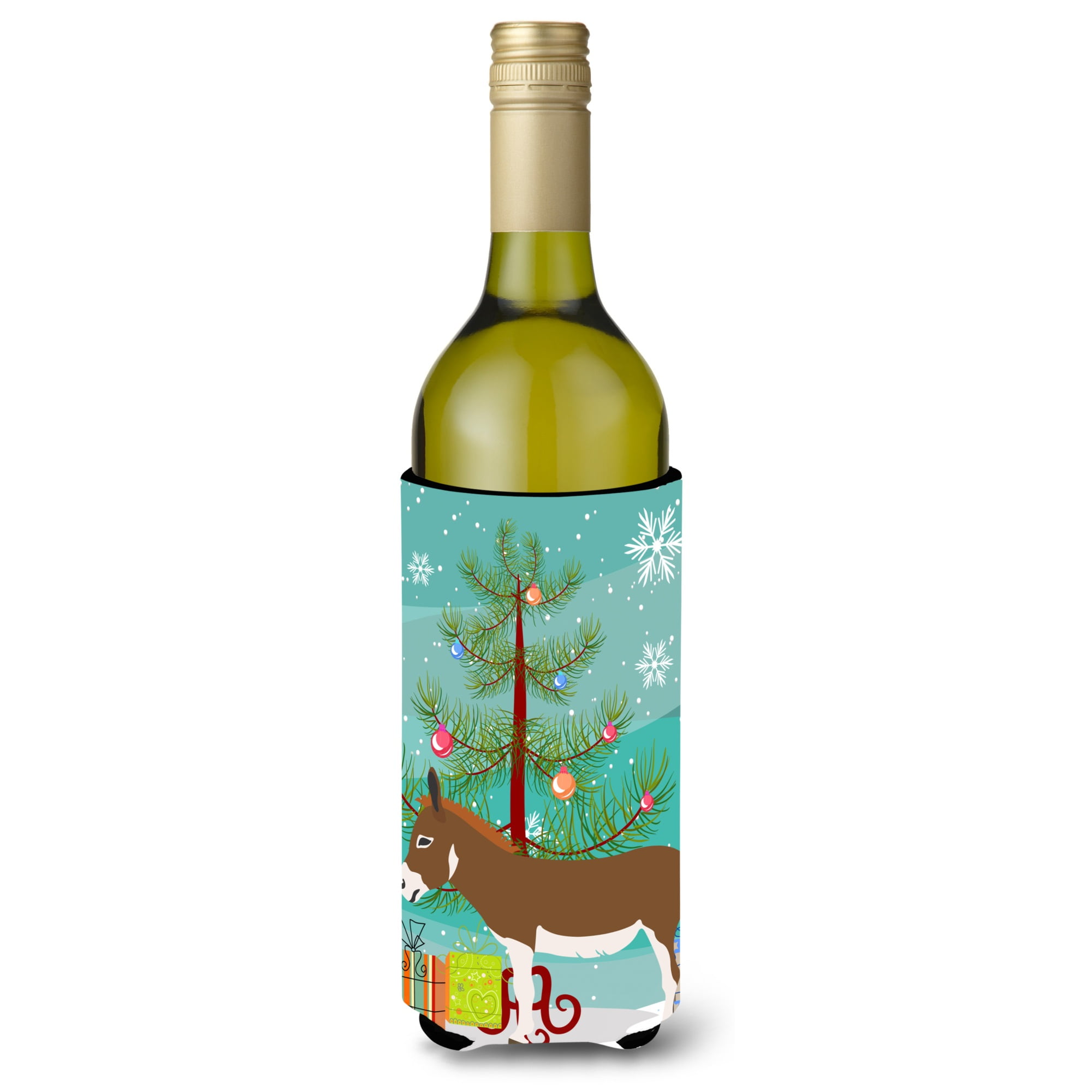 Picture of Carolines Treasures BB9214LITERK Miniature Mediterranian Donkey Christmas Wine Bottle Beverge Insulator Hugger