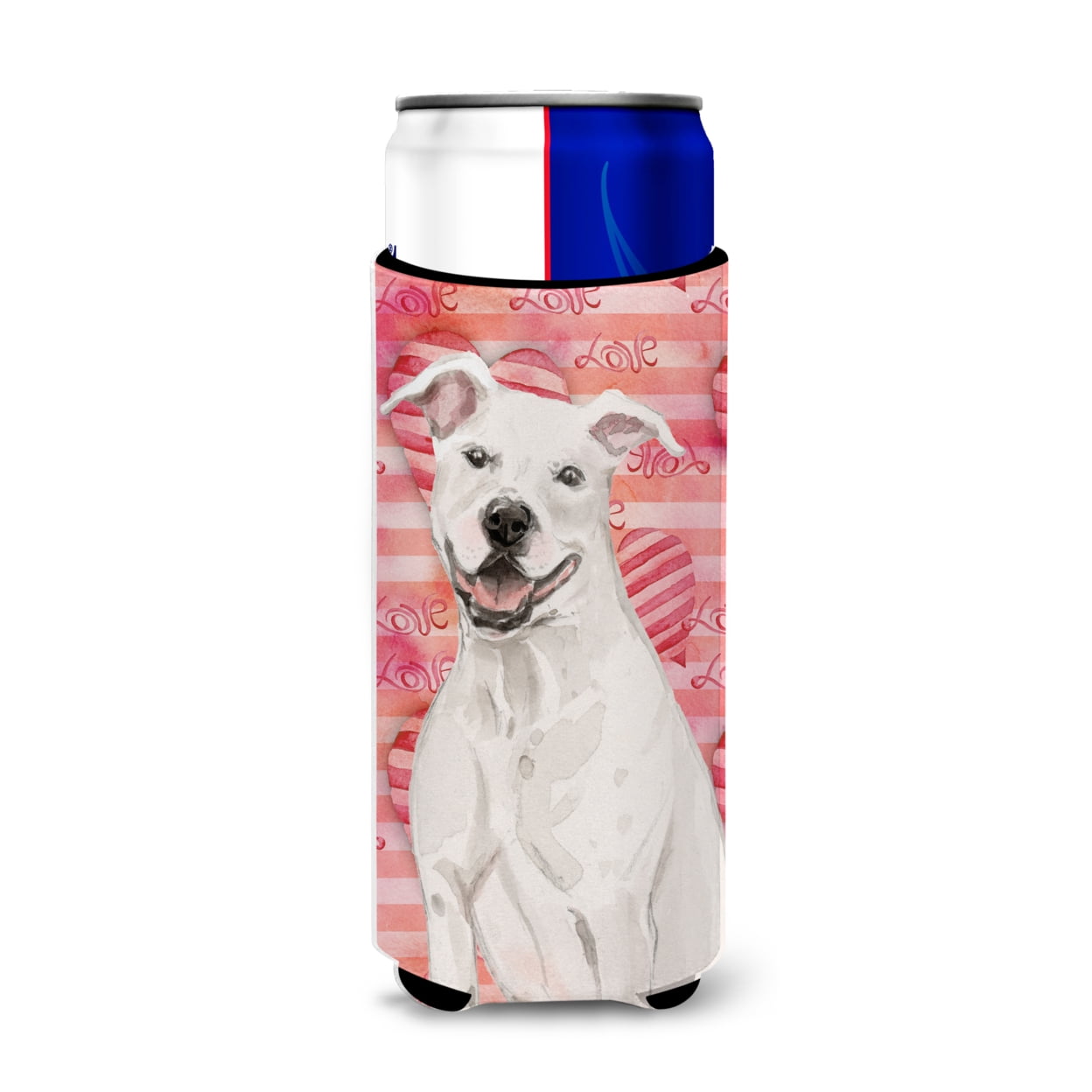 Picture of Carolines Treasures BB9466MUK White Staffie Bull Terrier Love Michelob Ultra Hugger for Slim Cans