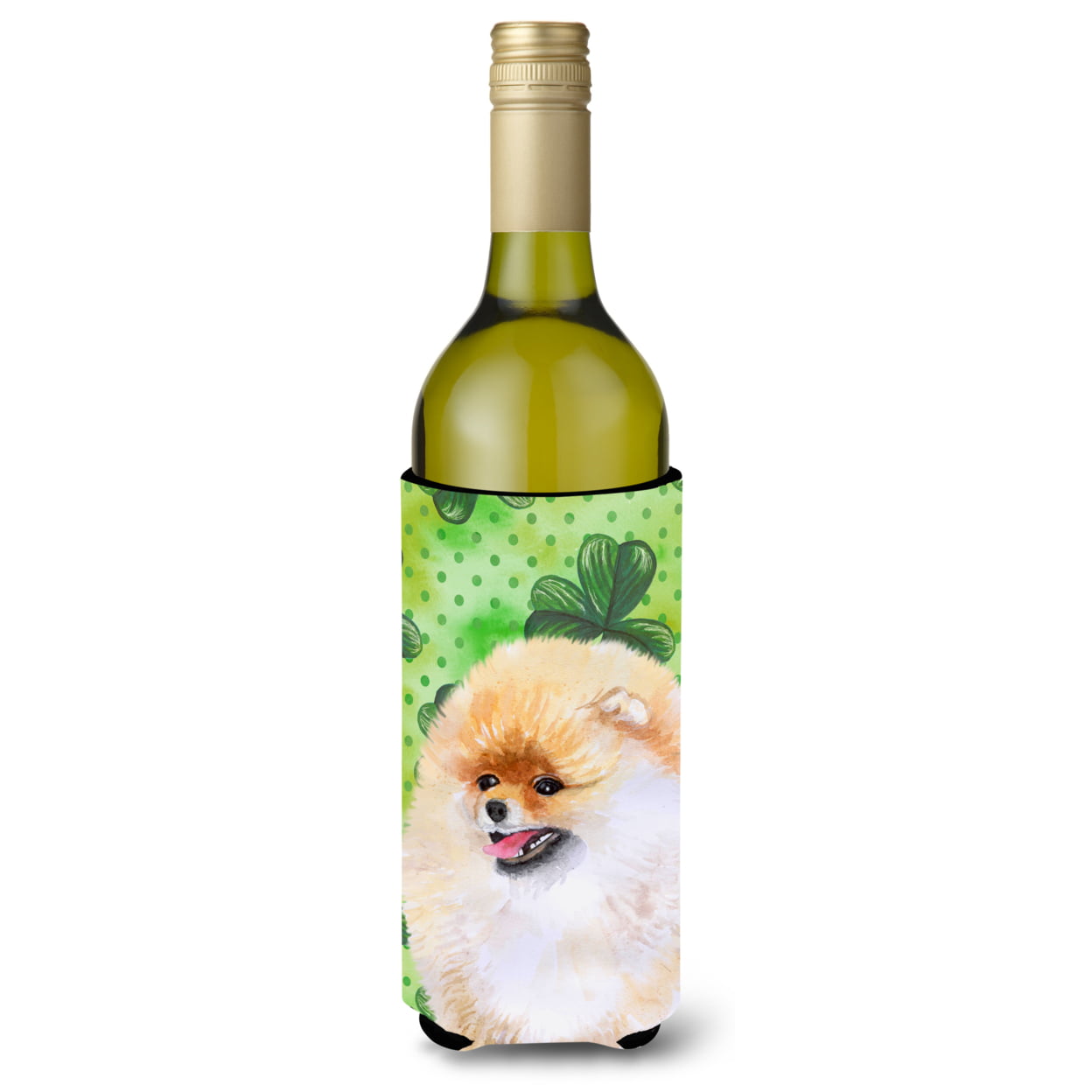 Picture of Carolines Treasures BB9856LITERK Pomeranian St. Patricks Wine Bottle Beverge Insulator Hugger