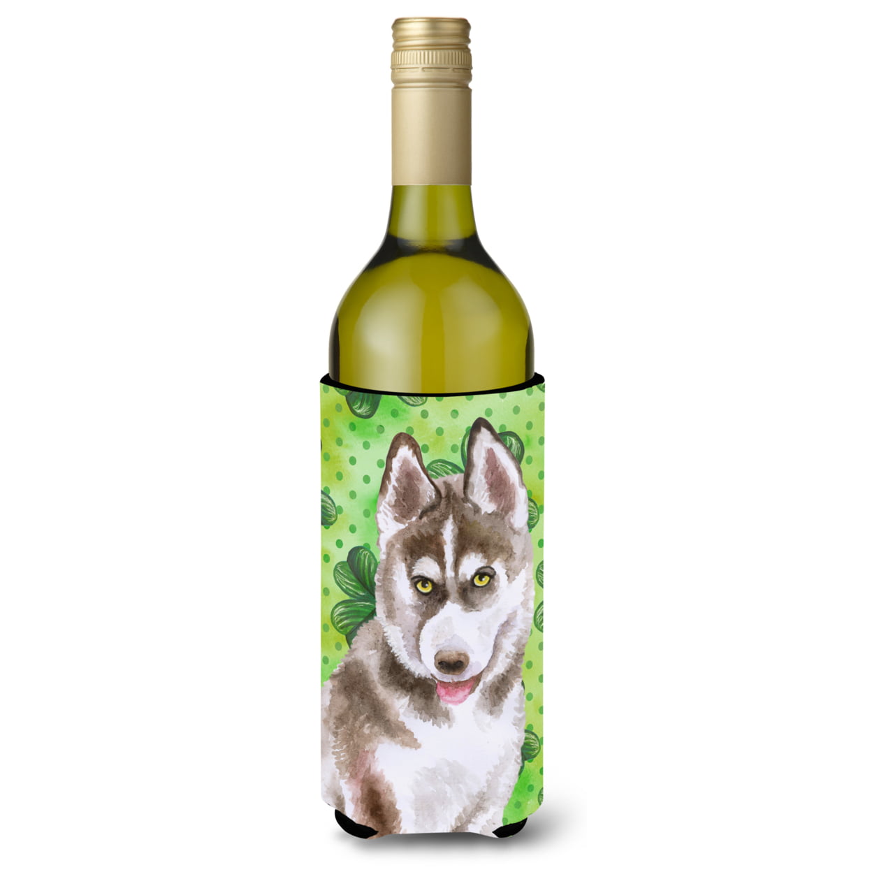 Picture of Carolines Treasures BB9870LITERK Siberian Husky Grey St. Patricks Wine Bottle Beverge Insulator Hugger