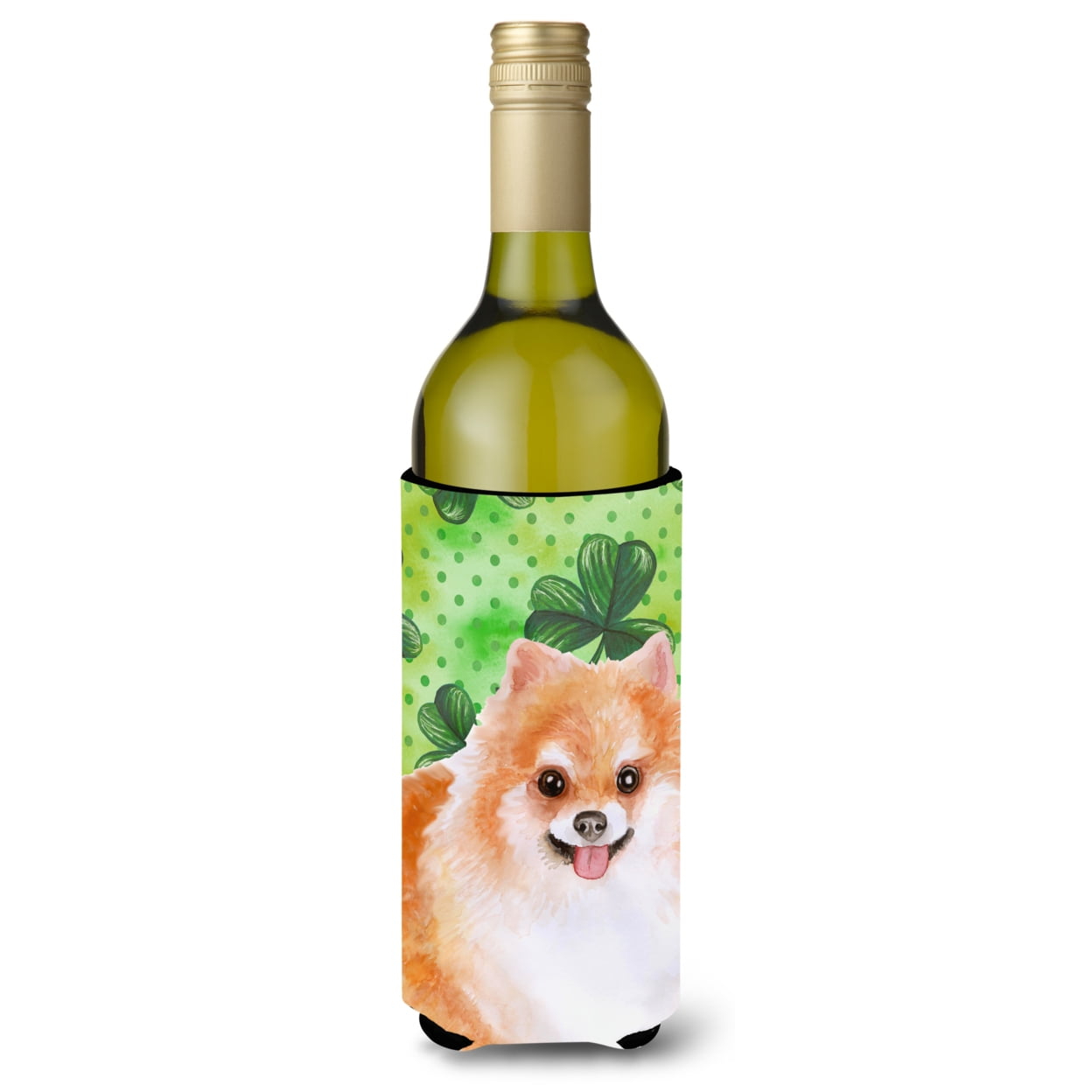 Picture of Carolines Treasures BB9890LITERK Pomeranian No.2 St. Patricks Wine Bottle Beverge Insulator Hugger