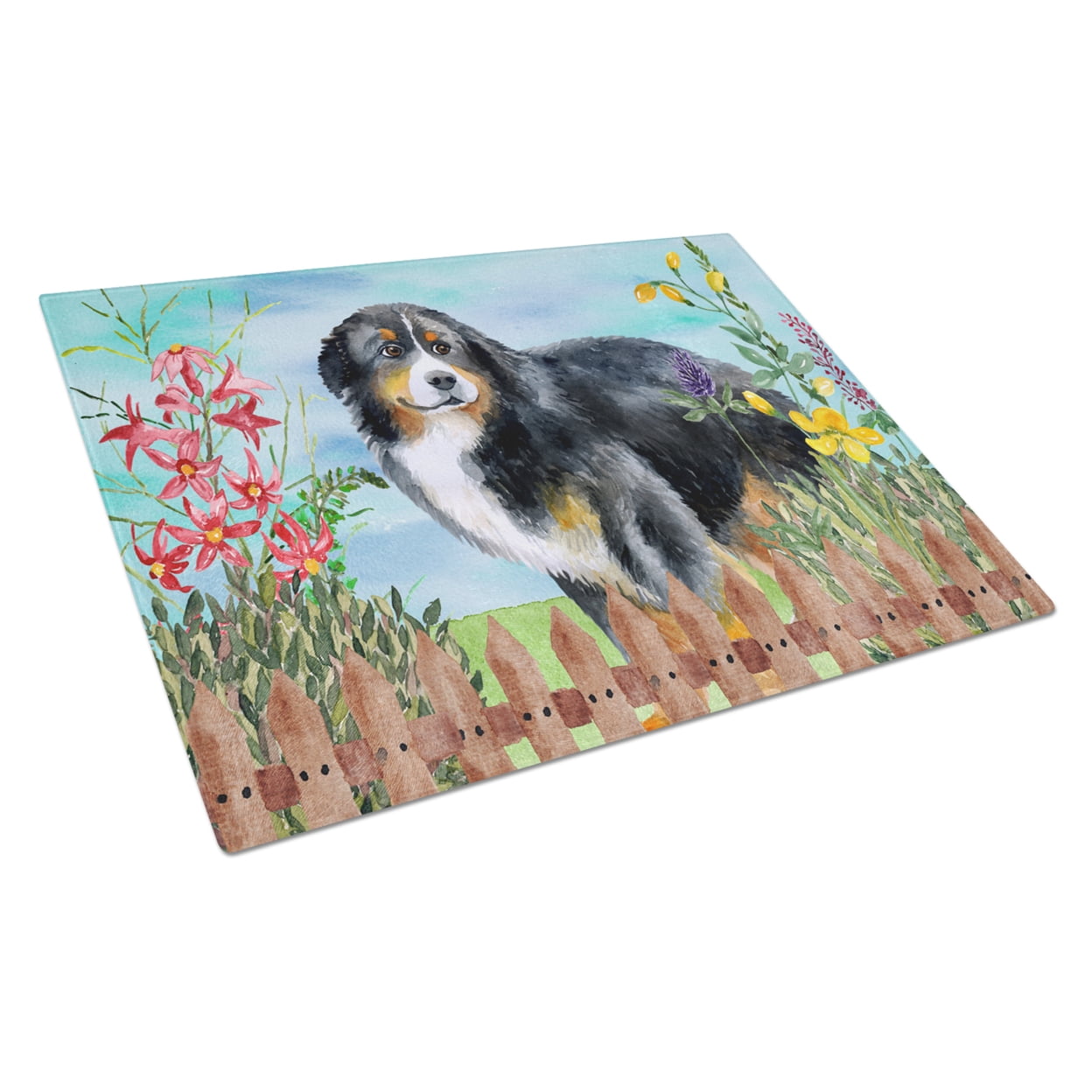 Bernese Mountain Dog Spring Glass Cutting Board, Large