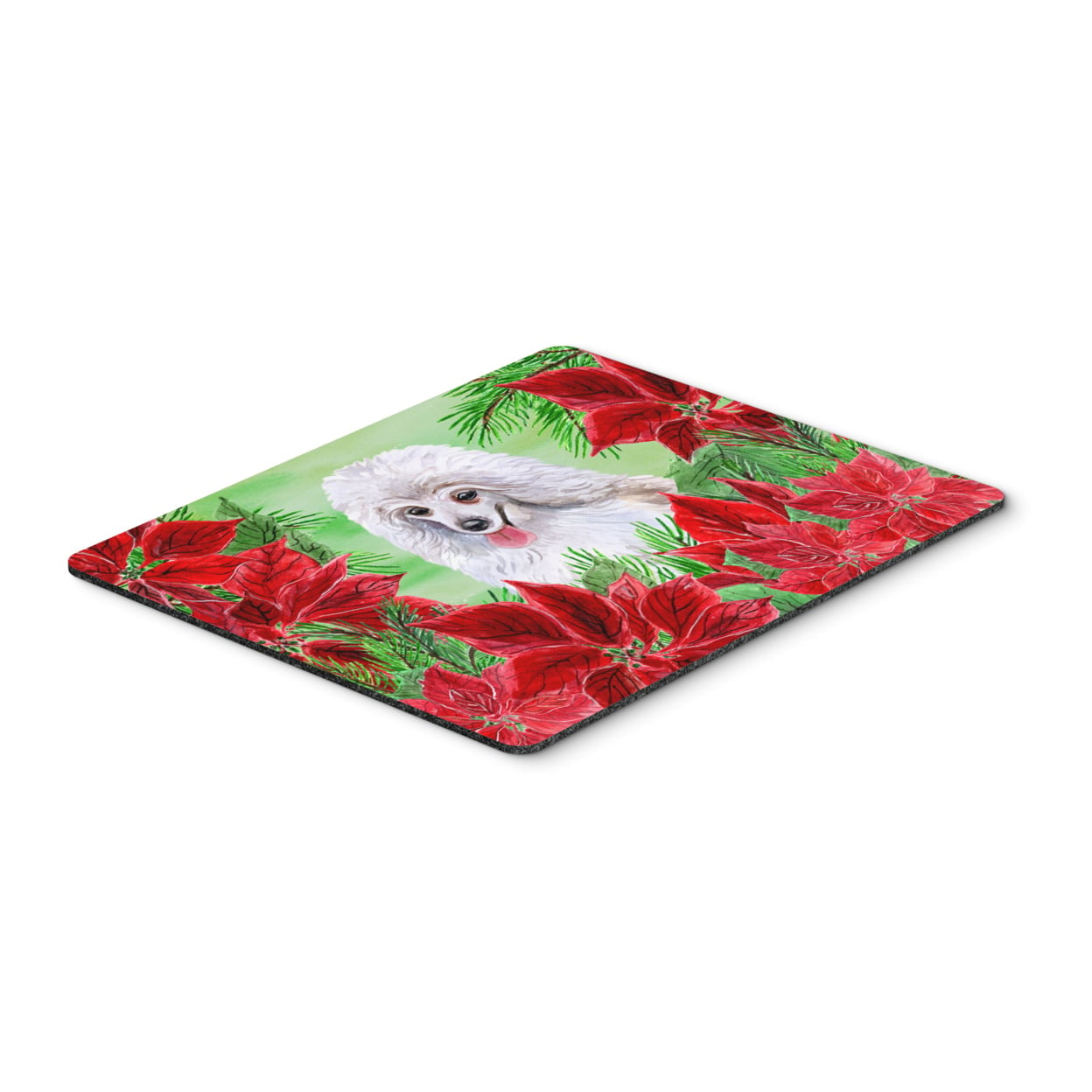 Medium White Poodle Poinsettas Mouse Pad, Hot Pad or Trivet