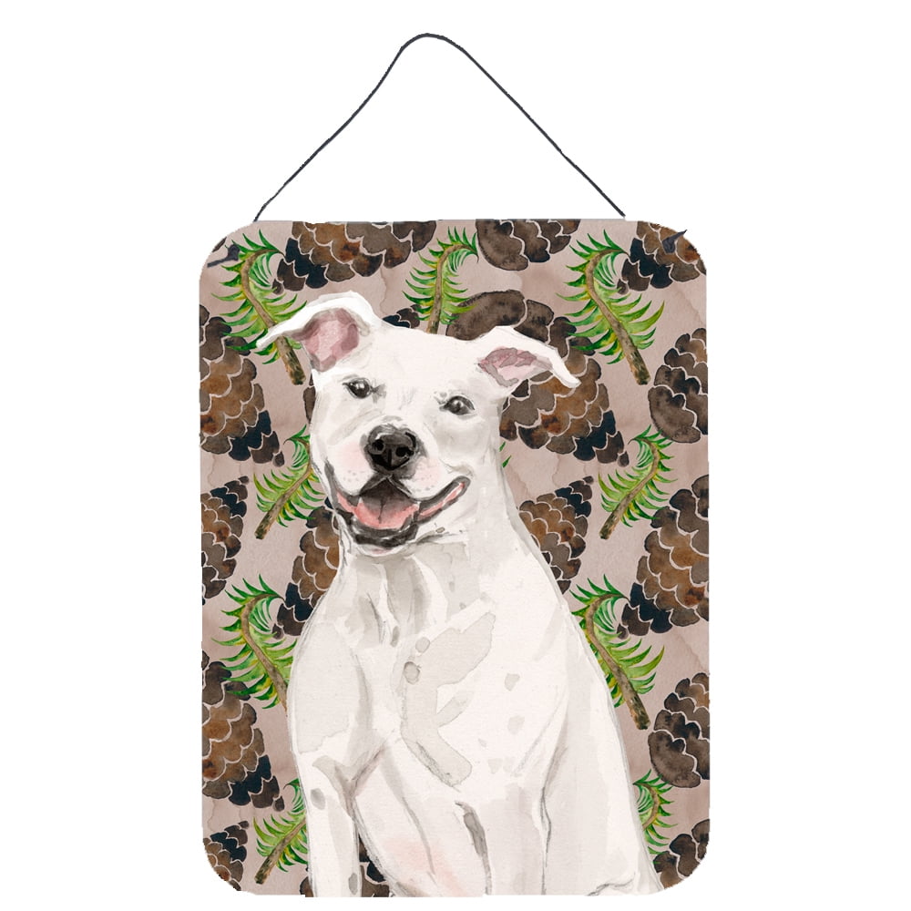 White Staffie Bull Terrier Pine Cones Wall or Door Hanging Prints