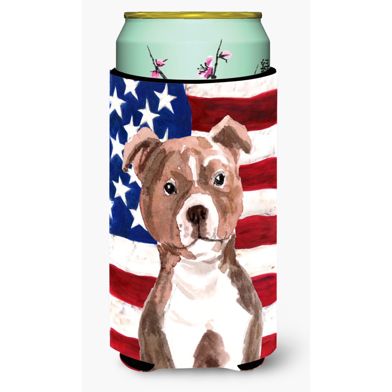 Red Staffie Bull Terrier Patriotic Tall Boys Beverage Insulator Hugger