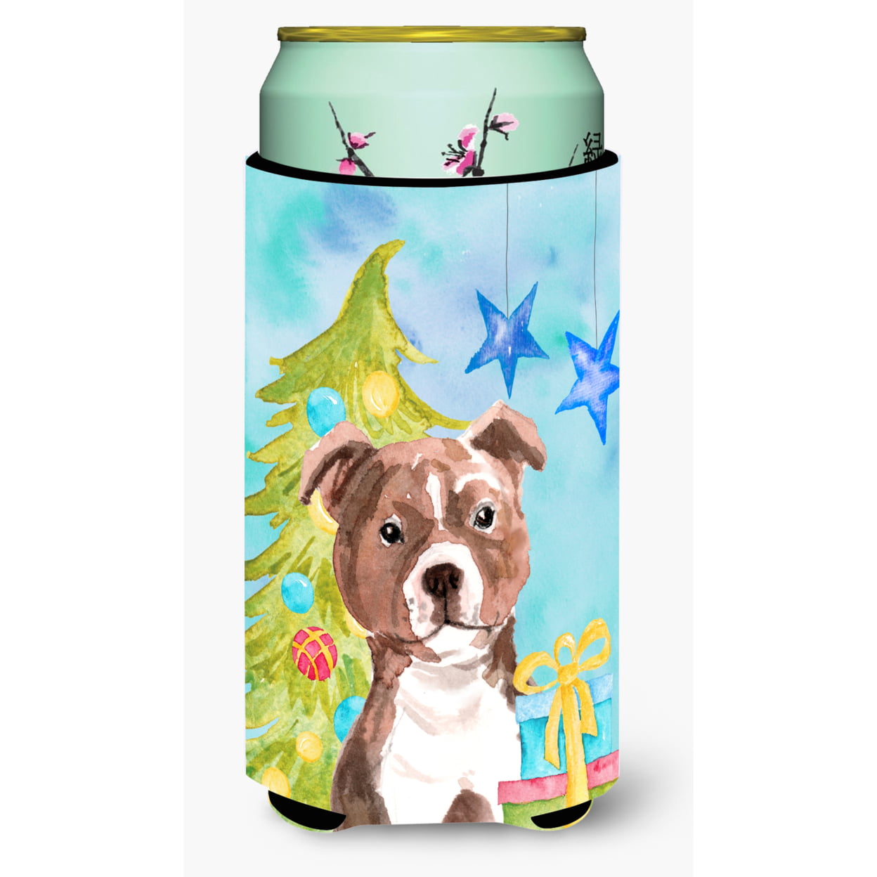 Red Staffie Bull Terrier Christmas Tall Boys Beverage Insulator Hugger