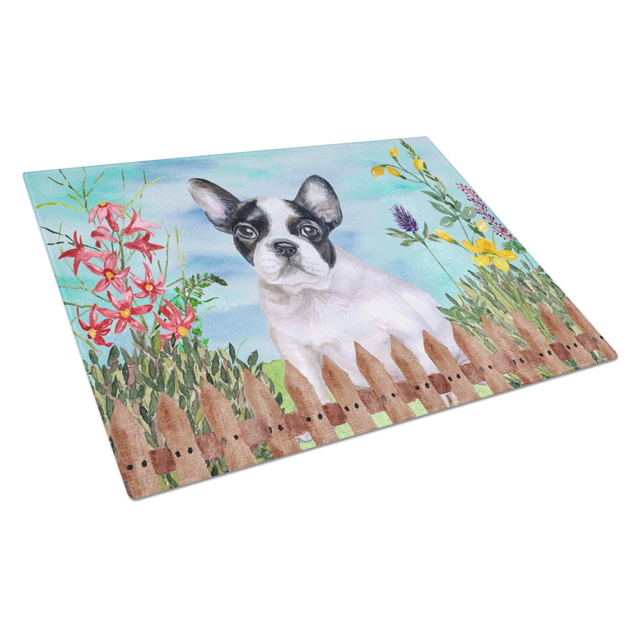 French Bulldog Black & White Spring Glass Cutting Board - Large