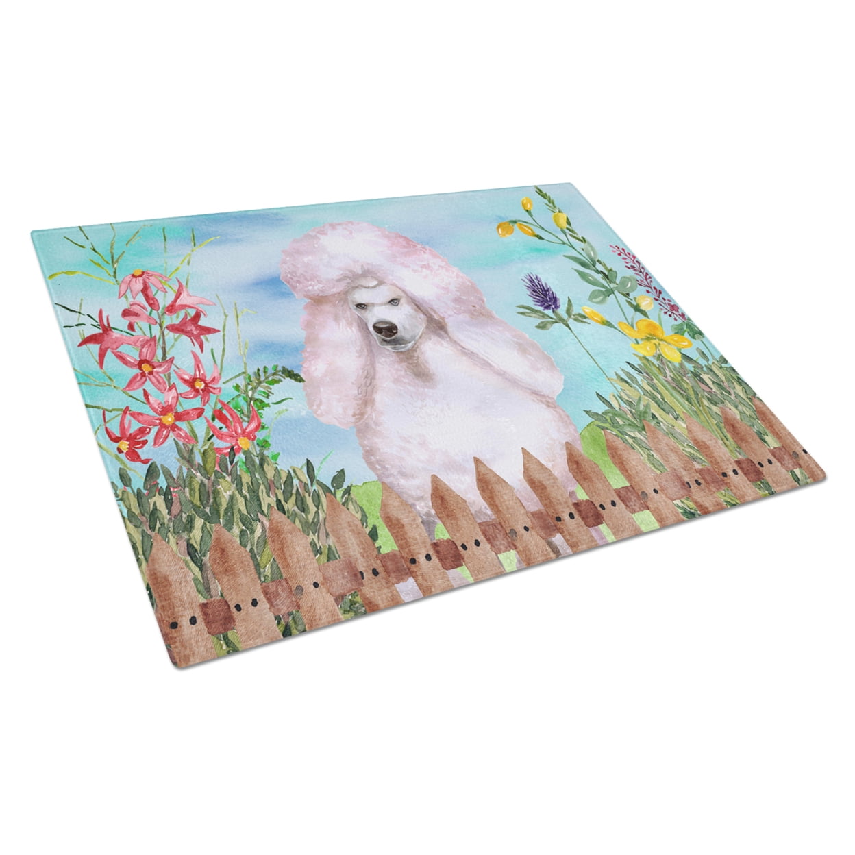 White Standard Poodle Spring Glass Cutting Board - Large