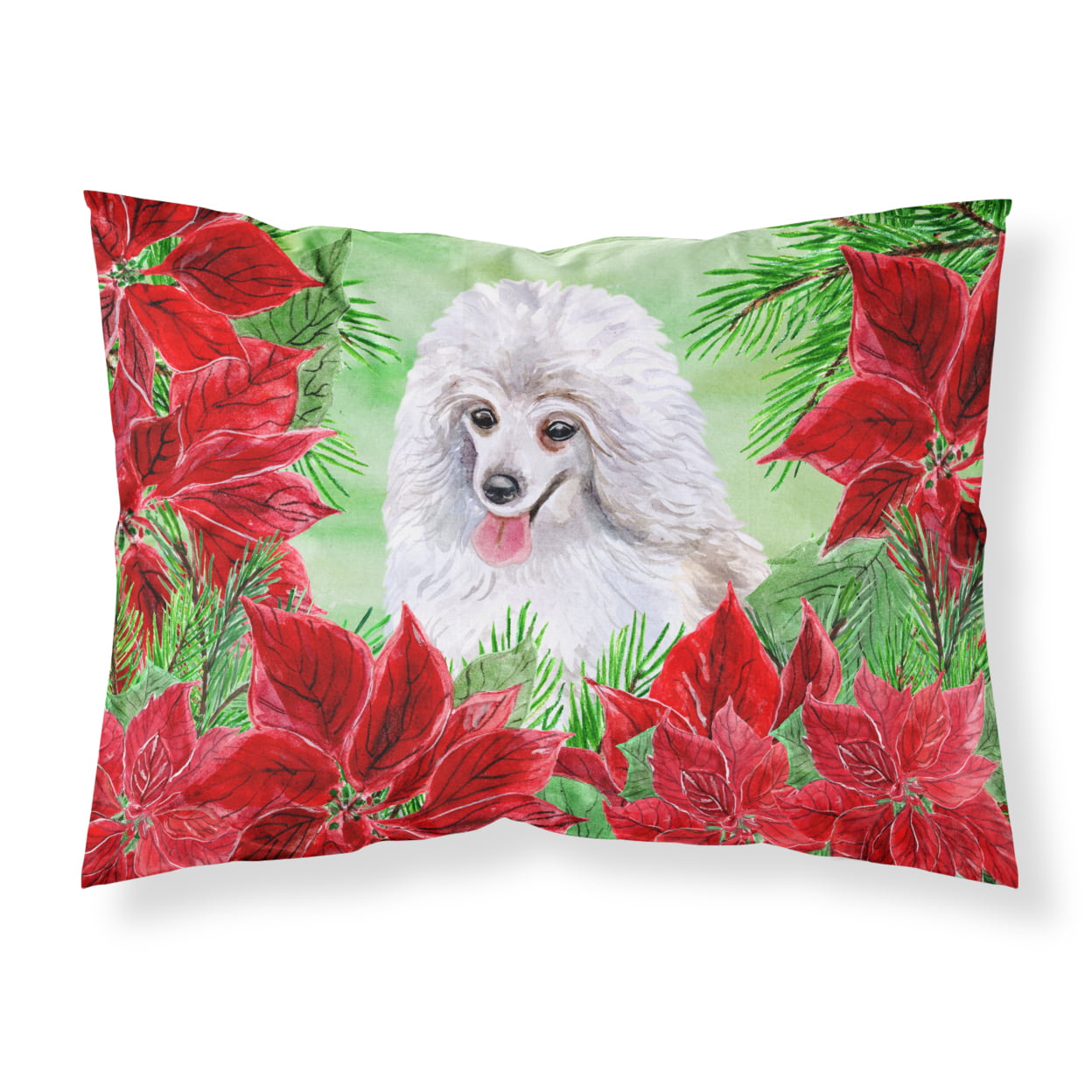 Medium White Poodle Poinsettas Fabric Standard Pillowcase