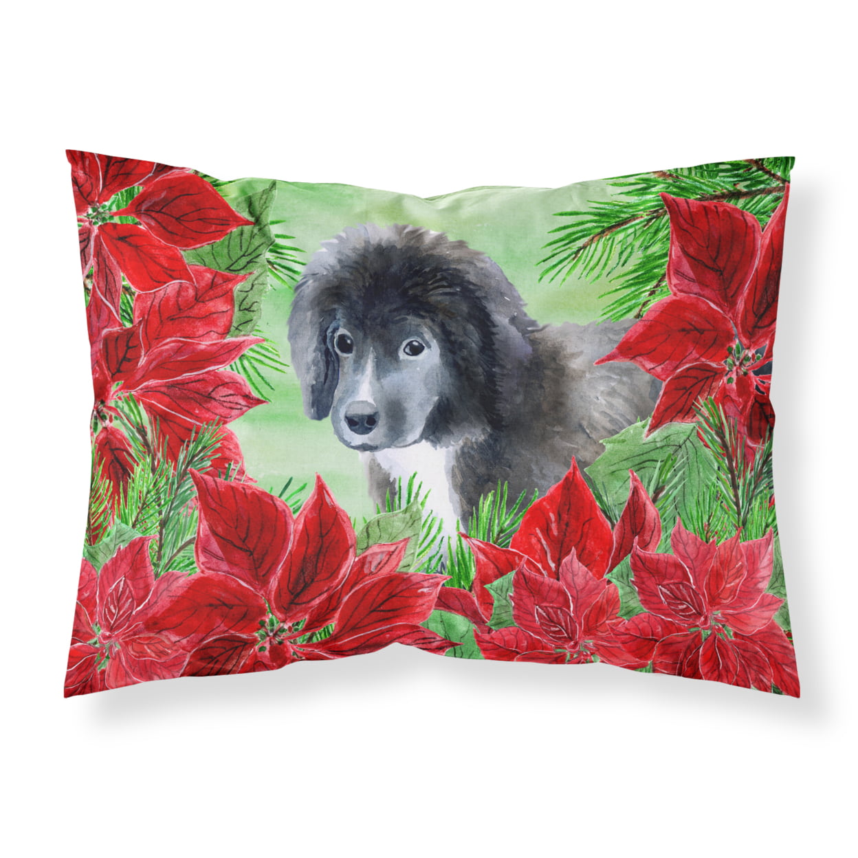 Newfoundland Puppy Poinsettas Fabric Standard Pillowcase