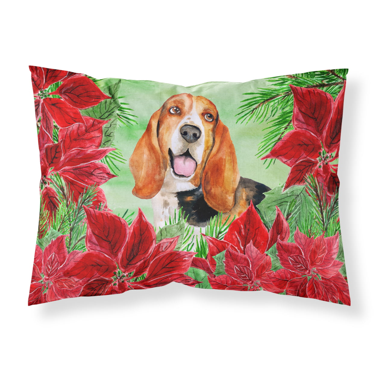 Basset Hound Poinsettas Fabric Standard Pillowcase
