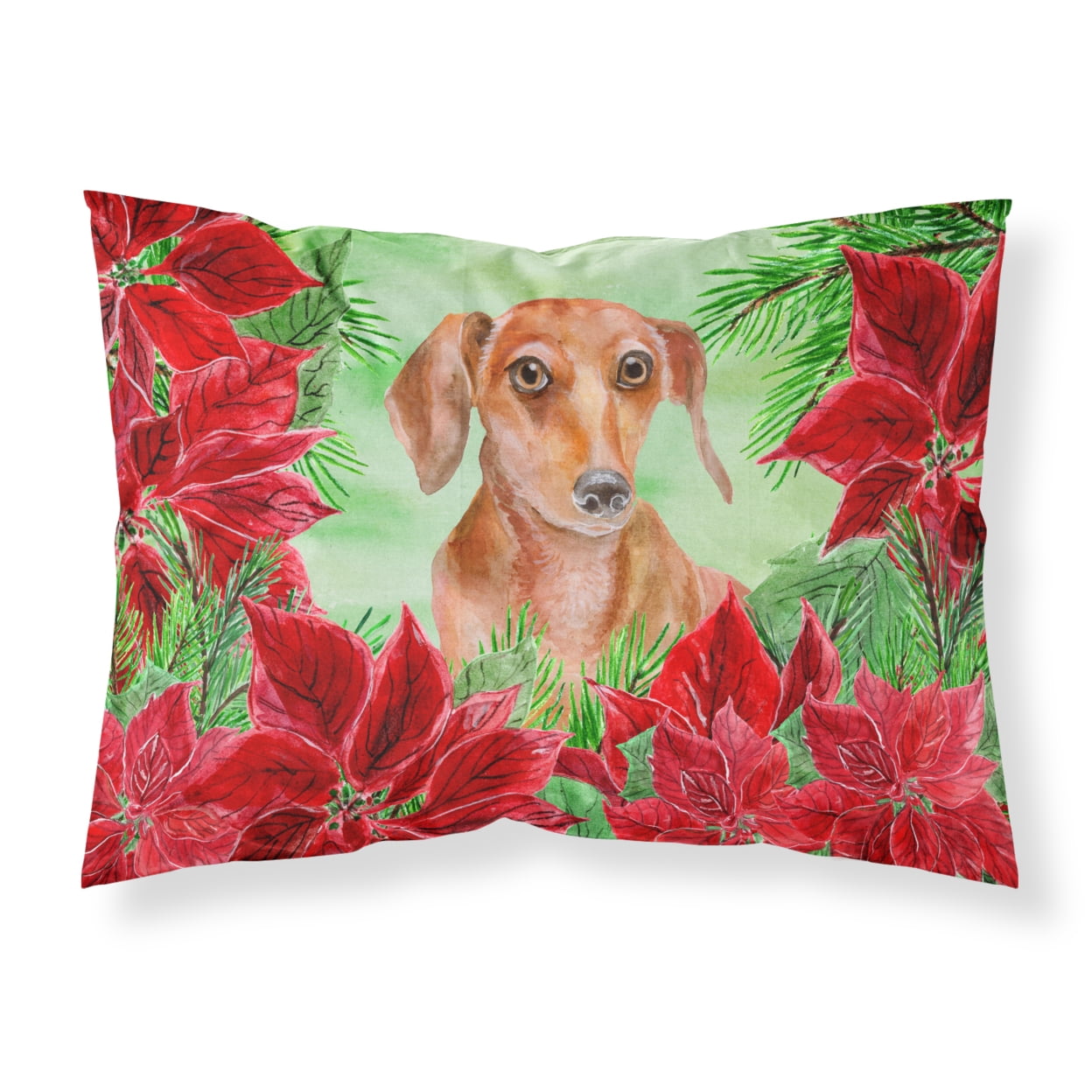 Red Dachshund Poinsettas Fabric Standard Pillowcase
