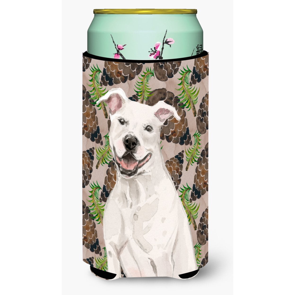 White Staffie Bull Terrier Pine Cones Tall Boy Beverage Insulator Hugger