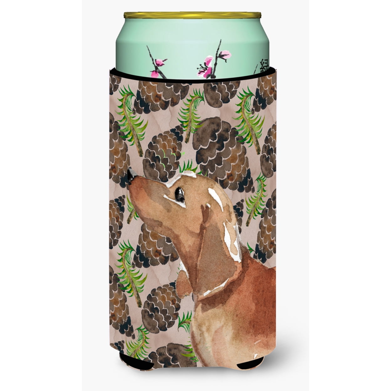Red Tan Dachshund Pine Cones Tall Boy Beverage Insulator Hugger