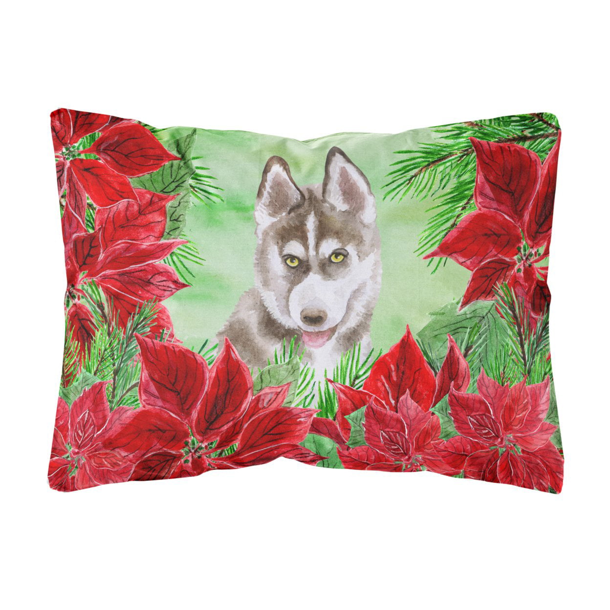 Siberian Husky Grey Poinsettas Canvas Fabric Decorative Pillow