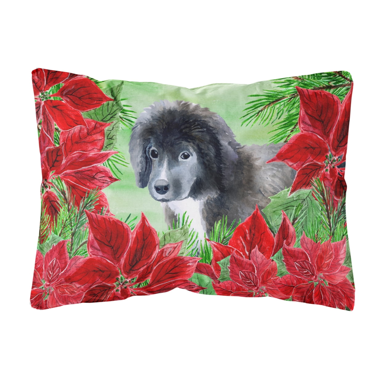 Newfoundland Puppy Poinsettas Canvas Fabric Decorative Pillow