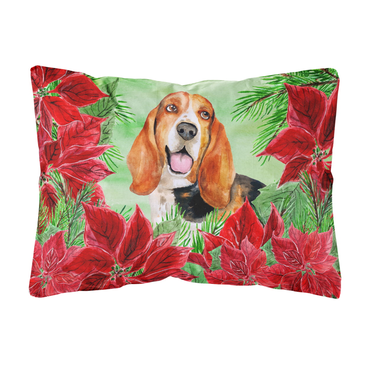 Basset Hound Poinsettas Canvas Fabric Decorative Pillow