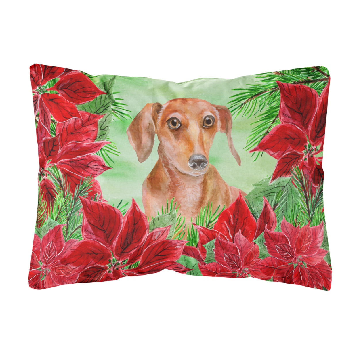 Red Dachshund Poinsettas Canvas Fabric Decorative Pillow