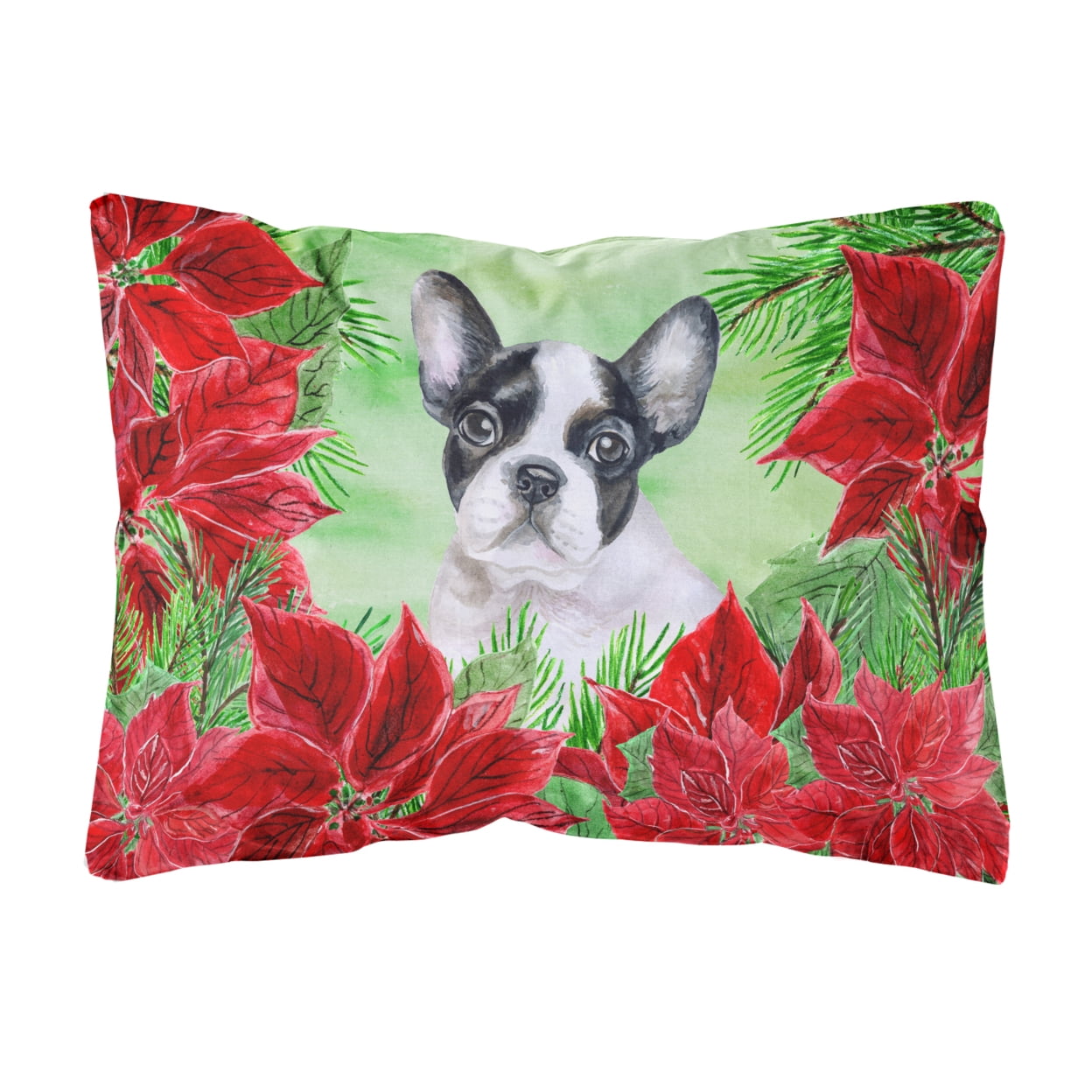 French Bulldog Black White Poinsettas Canvas Fabric Decorative Pillow