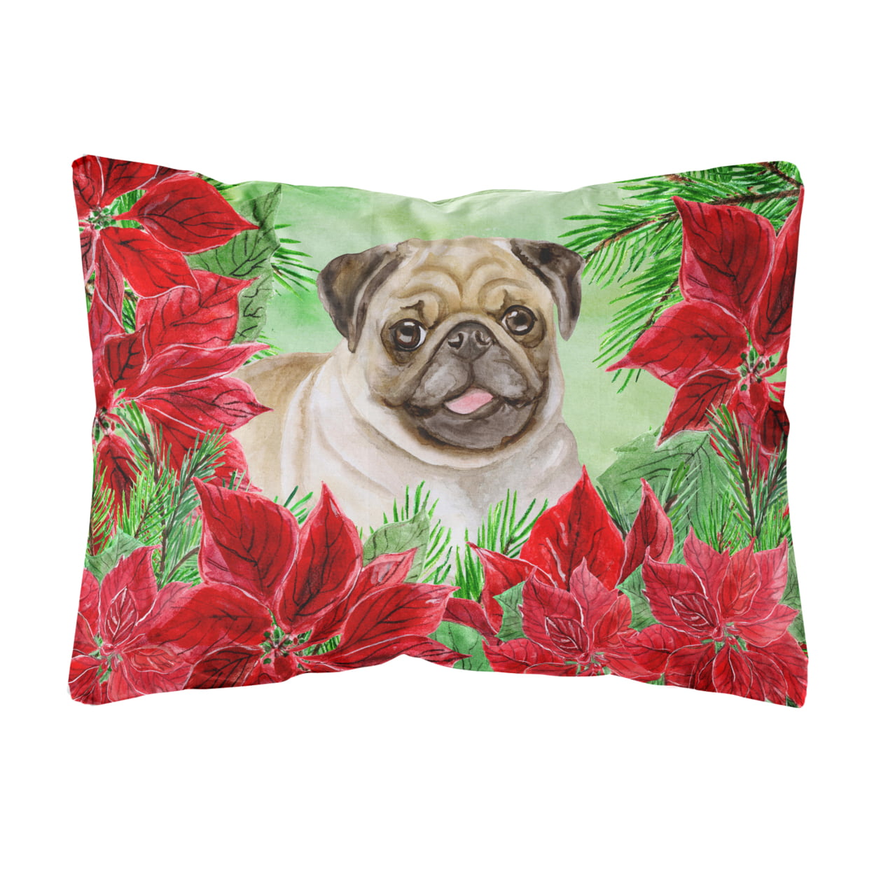 Fawn Pug Poinsettas Canvas Fabric Decorative Pillow