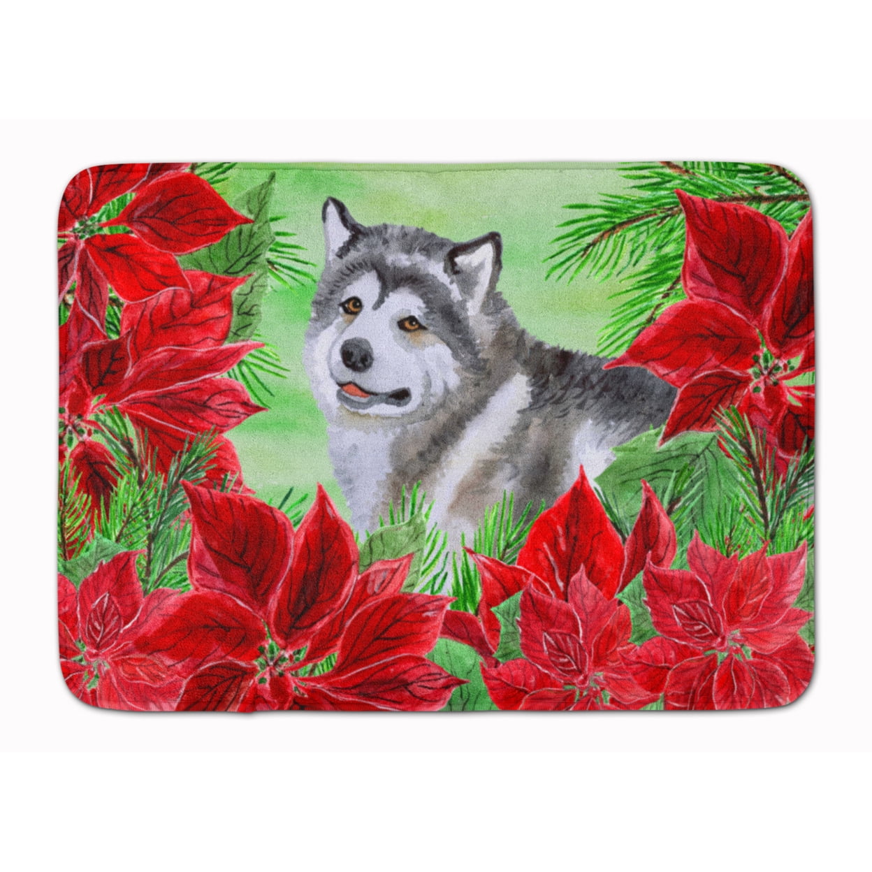 Alaskan Malamute Poinsettas Machine Washable Memory Foam Mat