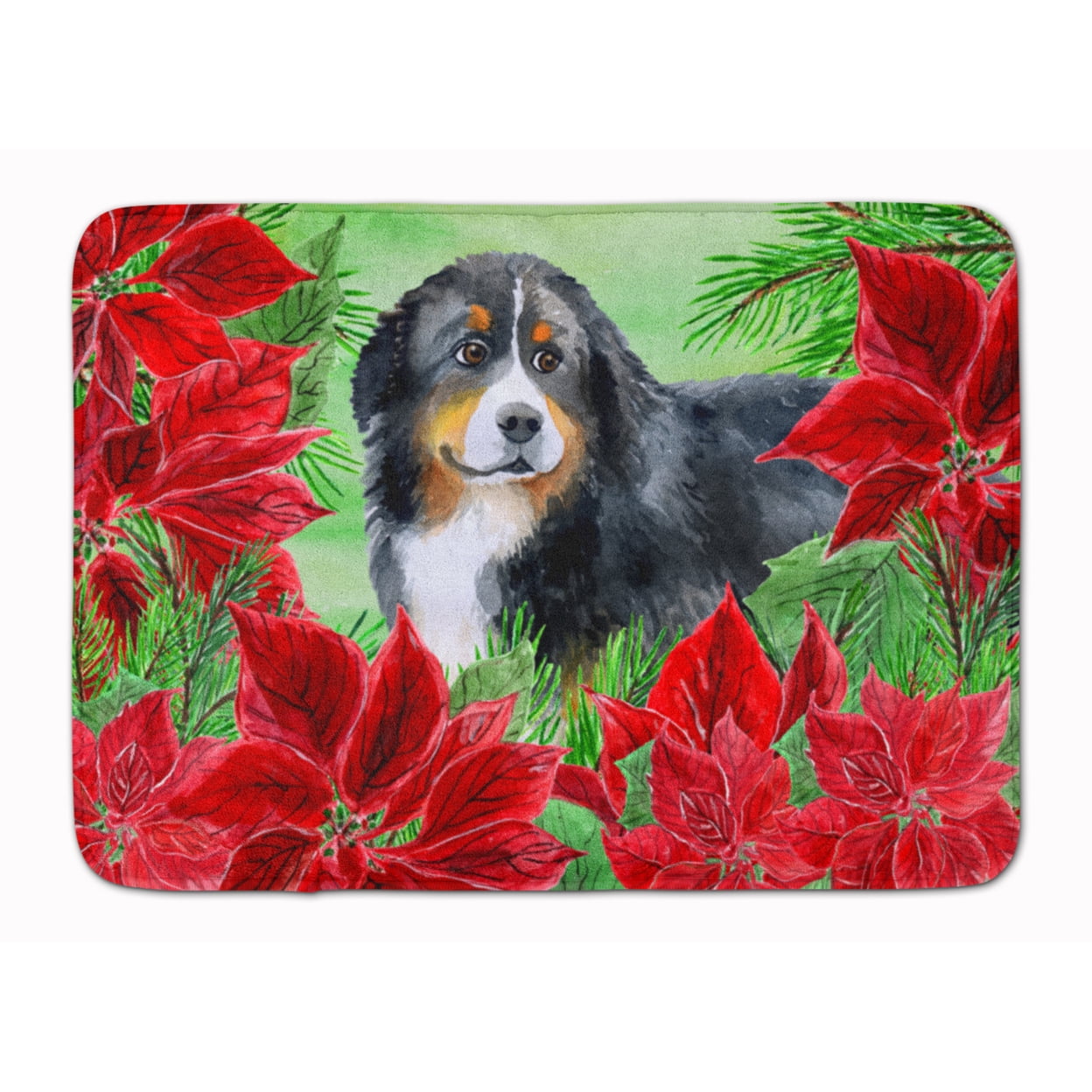 Bernese Mountain Dog Poinsettas Machine Washable Memory Foam Mat