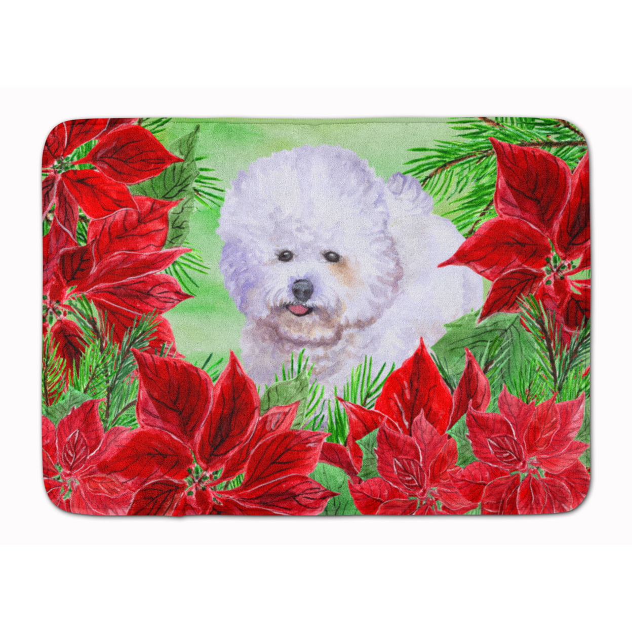CK1297RUG Bichon Frise Poinsettas Machine Washable Memory Foam Mat