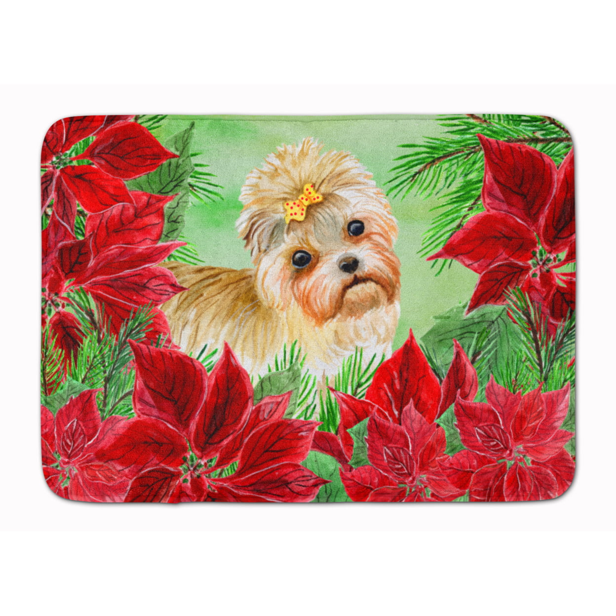 Morkie Poinsettas Machine Washable Memory Foam Mat