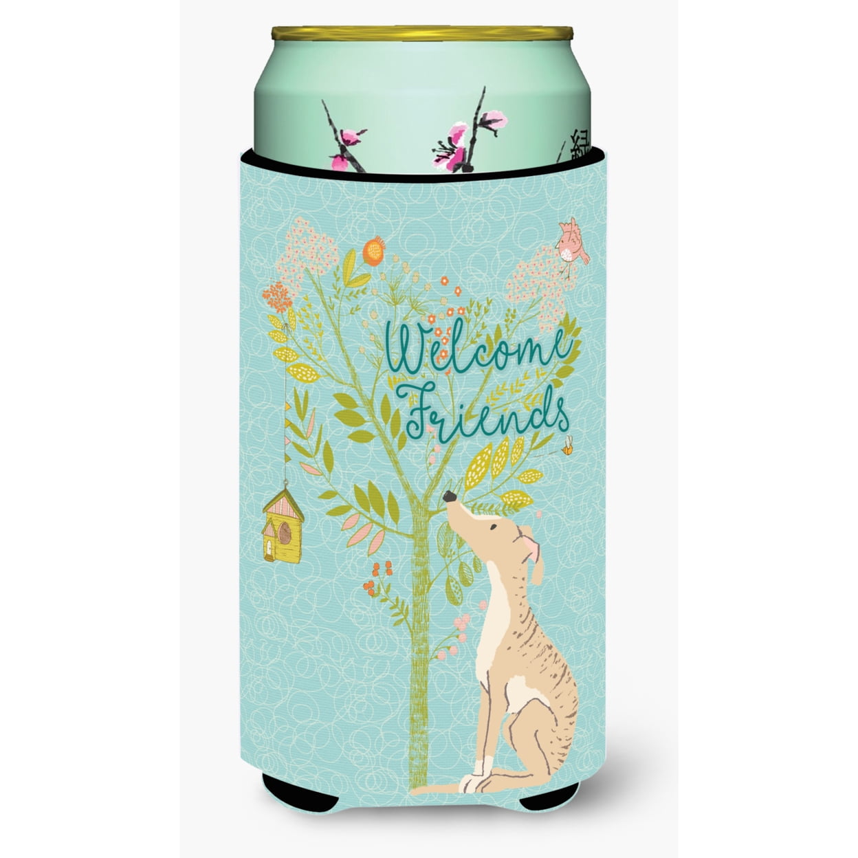 BB7591TBC Welcome Friends Brindle Greyhound Tall Boy Beverage Insulator Hugger